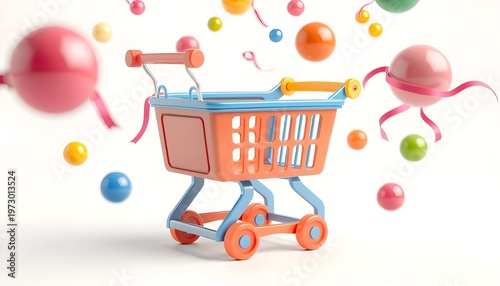 Playful 3D Toy-Style Cart. A toy-like glossy plastic shopping cart in bright primary colors, surrounded by floating colorful spheres and ribbons