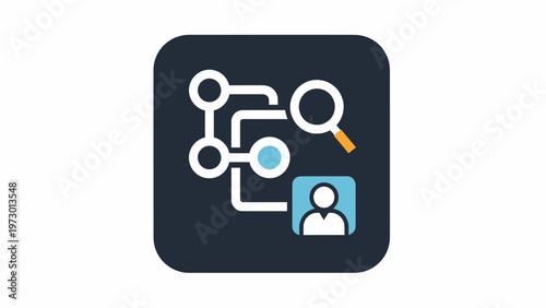 Stylized diagram showing network nodes, magnifying glass, and person icon on dark blue
