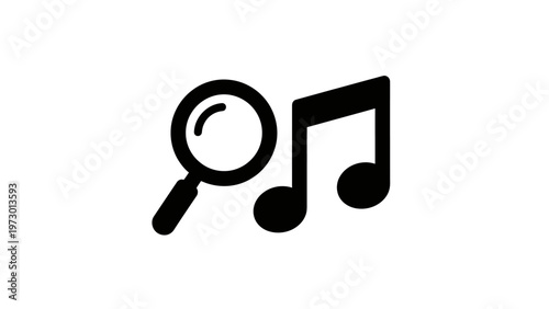 A black magnifying glass and musical notes on a white background