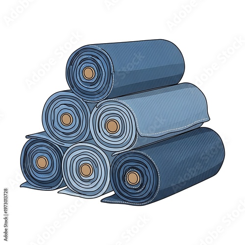 Stack of denim fabric rolls in various shades of blue.