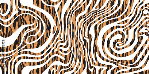 This seamless vector design captures the wild nature of tiger, leopard, and zebra skin textures in a striped animal print wallpaper illustration featuring black lines and safari fur patterns