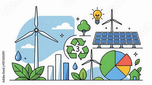 Sustainable Energy and Environmental Conservation Illustration with Wind Turbines.