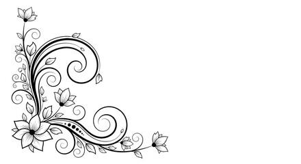 An intricate black and white floral corner border design featuring swirling vines and petals.