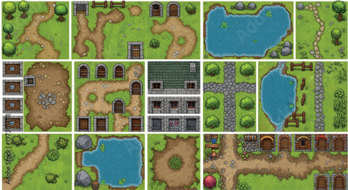 Top-down 2D game tileset, medieval fantasy village map elements, green grass landscape with dirt paths and stone houses, RPG level design vector isolated PNG with Transparent Background