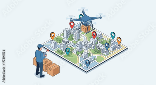 Drone delivery city scene with parcels buildings and air routes