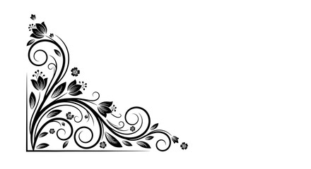 An elegant black and white floral corner design featuring intricate swirls and blooming flowers.