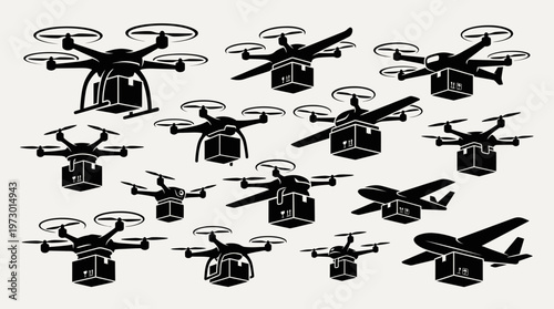 Delivery drone collection with courier aircraft box and parcel icons