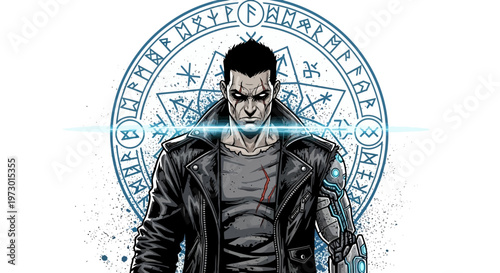 Cyberpunk Man with Robotic Arm and Mystic Circle