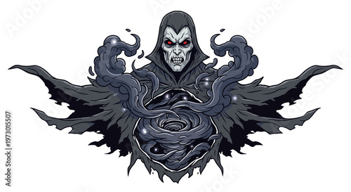 Dark sorcerer with glowing eyes and swirling dark energy vortex