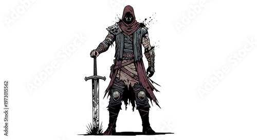 Fantasy Warrior with Sword, Hooded Figure, Dark Art Style