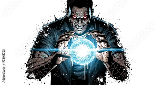 Man with glowing orb, intense expression, dark fantasy art