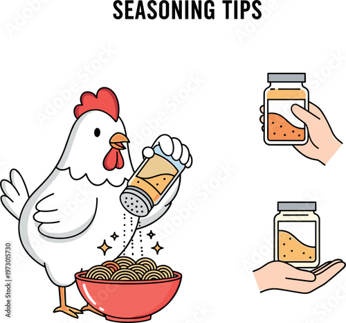 Cute chicken adding seasoning to noodle bowl with spice jar illustrations and funny kitchen food concept vector design