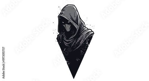Mysterious hooded figure in dark geometric design, assassin, rogue, secret agent