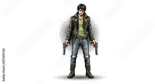 Man with two guns, ripped jeans, leather jacket, standing, ready to fight