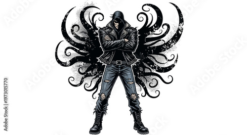 Mysterious hooded figure with dark wings, grunge style