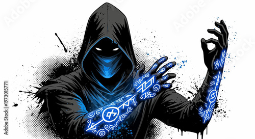 Mysterious hooded figure with glowing blue arcane symbols on arm and hand
