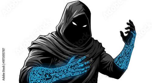 Mysterious hooded figure with glowing blue arcane symbols on arms, casting magic