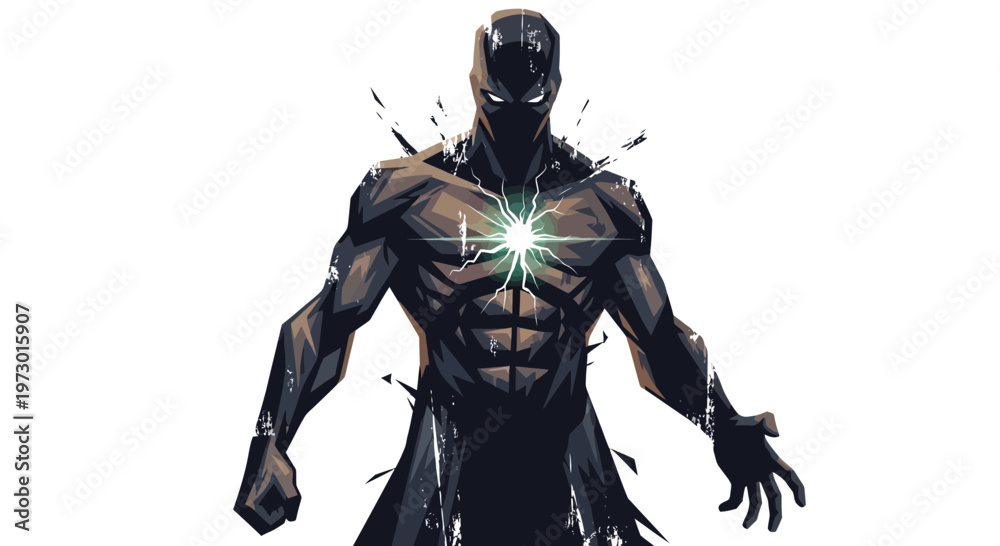 Fototapeta premium Mysterious superhero with glowing chest energy, dark suit, powerful stance