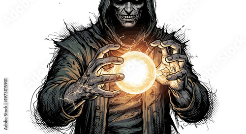 Mysterious sorcerer conjures magical energy orb with glowing hands