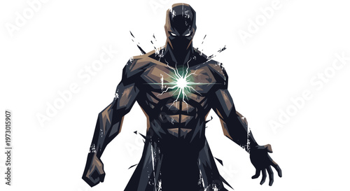Mysterious superhero with glowing chest energy, dark suit, powerful stance