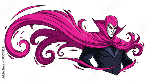 Mysterious villain with flowing pink cape, dramatic pose, comic book style