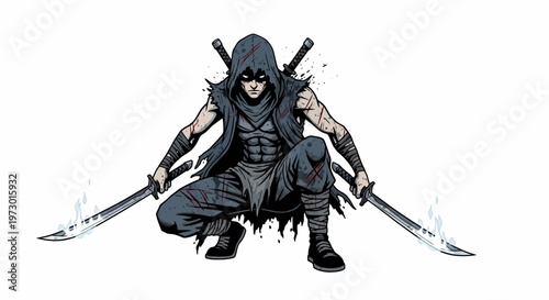 Ninja warrior crouching with two swords, fantasy art, dark fantasy, assassin
