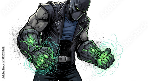 Powerful superhero with glowing green energy fists, wearing a mask and jacket.