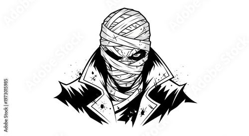 Scary Mummy Head Illustration with Bandages and Intense Eyes