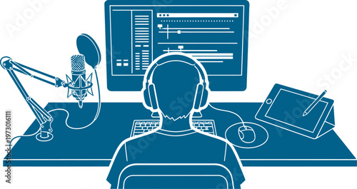 Digital content creator recording audio podcast at workstation with professional microphone