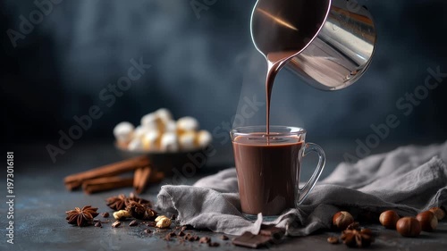 Pouring hot chocolate into a glass mug, marshmallows, cinnamon sticks, and nuts on table.