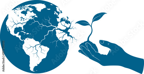 Human hand nurturing green sprout next to cracked earth globe