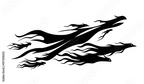 A black silhouette of abstract flames on a white background