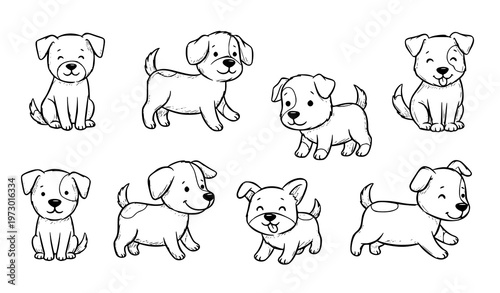 A set of cute cartoon dogs in various playful poses and expressions