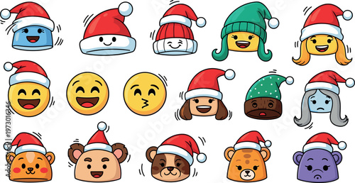 Cute Christmas emoji characters and animals wearing Santa hats festive cartoon faces collection for holiday winter celebration design