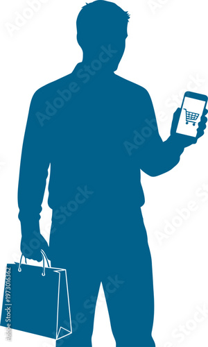 Male shopper using smartphone app for retail purchase holding bag