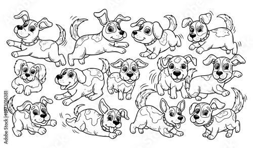 A black and white illustration of multiple cartoon dogs in various playful poses
