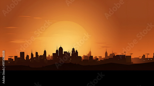 Silhouetted buildings under a warm sunset sky.