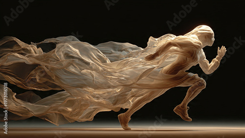 Ethereal flowing translucent fabric sculpted into a running human figure form dissolving into light beige fabric trails on black background