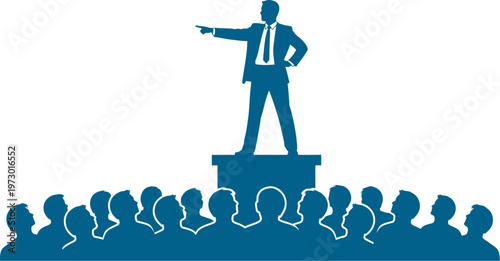 Public speaker addressing audience from podium with leadership gesture