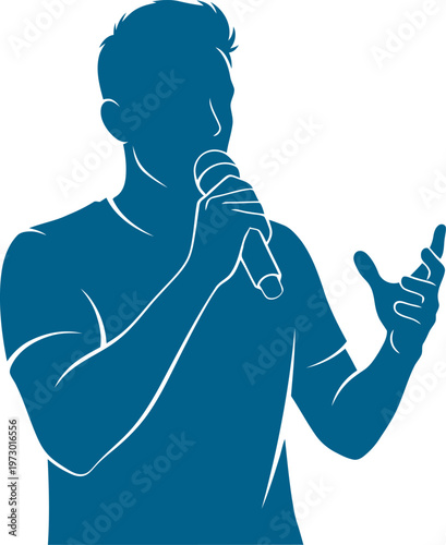 Public speaker silhouette holding microphone and gesturing during presentation