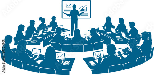 Students attending a digital business seminar in a modern lecture hall