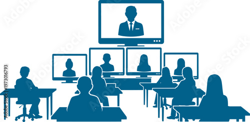 Virtual conference meeting with presenter on large screen and remote participants