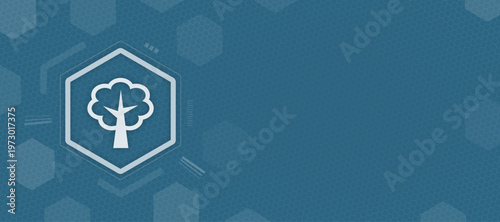 Abstract digital illustration featuring a stylized white tree icon inside a blue hexagon frame on a textured geometric background, representing sustainable technology and ecology.