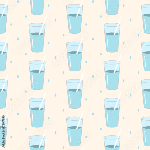 Seamless pattern with water glasses isolated on background, flat vector illustration for summer drinks and healthy lifestyle concept.