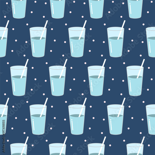 Seamless pattern of refreshing water glass with straw isolated on blue background, flat vector illustration for summer drinks, beverage and healthy lifestyle concept.