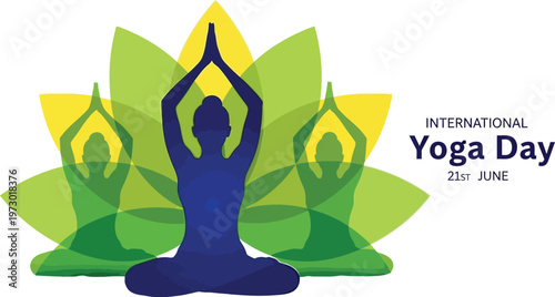 International Yoga Day vector illustration featuring silhouettes of people practicing yoga in front of a stylized green lotus flower background.