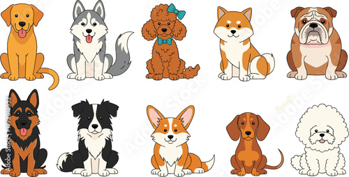 File ID(s): 1973018532 - Original name(s): Untitled-1Large set of cute cartoon dog breeds including husky bulldog corgi poodle and golden retriever isolated on white background vector.eps
