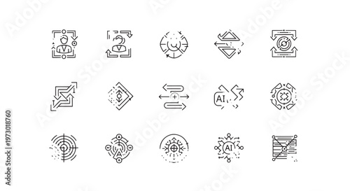 Artificial Intelligence Data Processing Icons, Complex AI Algorithm and Machine Learning Workflow Symbols, Big Data Analytics, Neural Network Architecture, and Tech Connectivity Vector Set