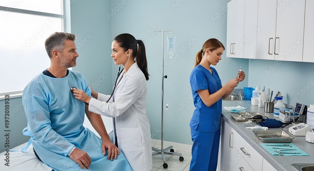 Obraz premium Medical examination in clinic with doctors and nurses.