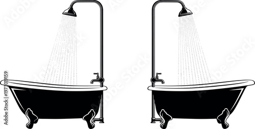 Vintage clawfoot bathtub with shower set vector illustration, classic bathroom fixture isolated in black silhouette with running water for interior design concept